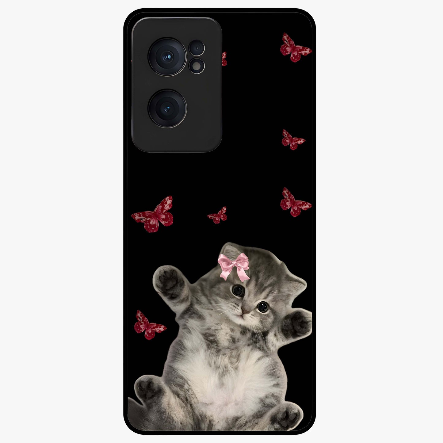 Butterfly Cat Bliss Glass Case for 1+Nord CE 2  charming front view featuring cat and butterfly aesthetic artwork