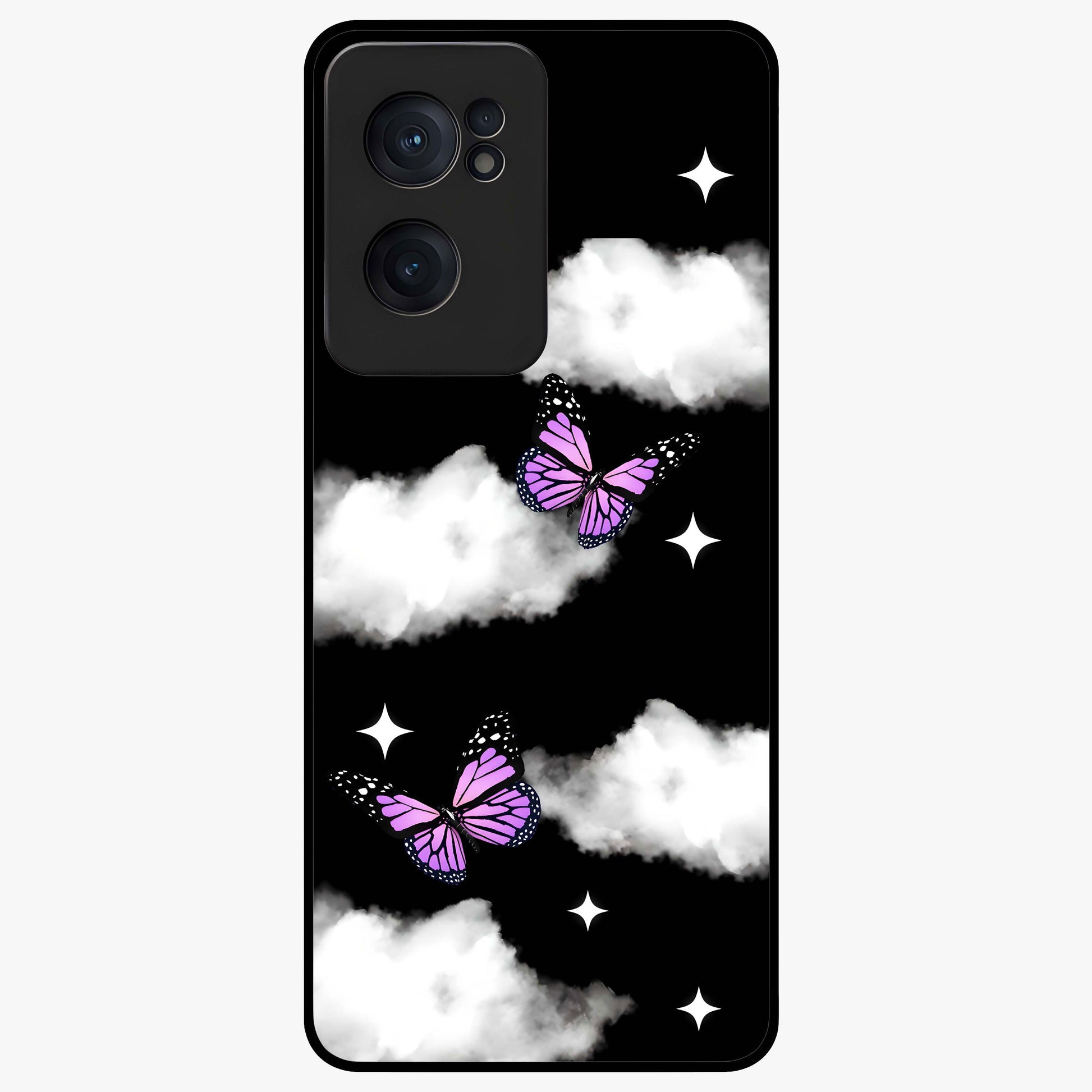 Butterfly Night Drift Glass Case for 1+Nord CE 2  dreamy front view featuring butterfly artwork with dark night inspired tones