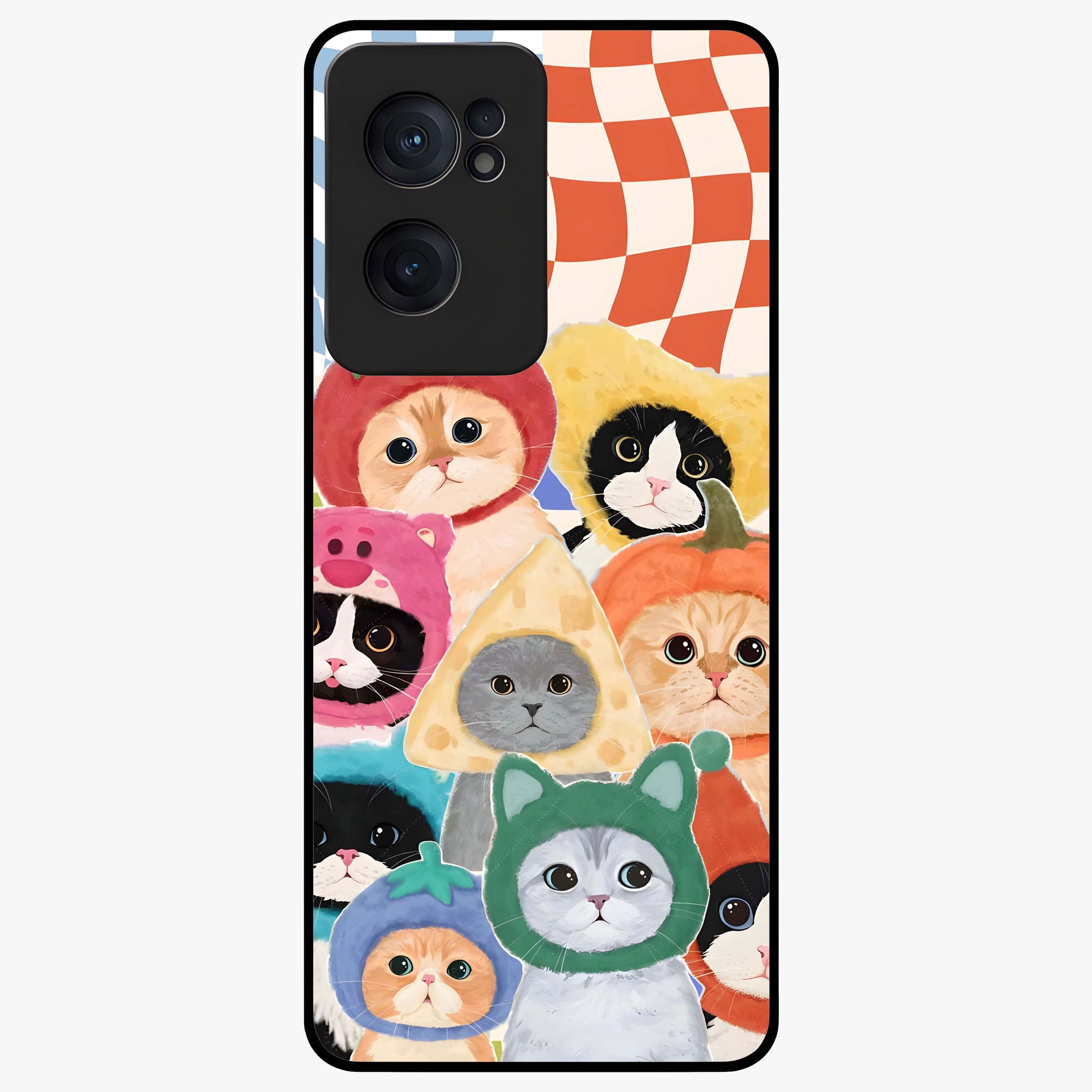 Cats in Fruits Glass Case for 1+Nord CE 2  playful front view featuring cute cat illustrations with vibrant fruit artwork