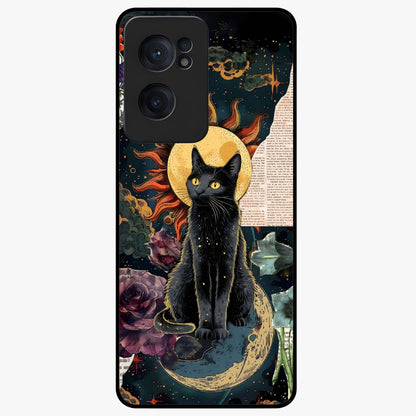 Celestial Black Cat Glass Case for 1+Nord CE 2  mystical front view featuring black cat artwork with cosmic background