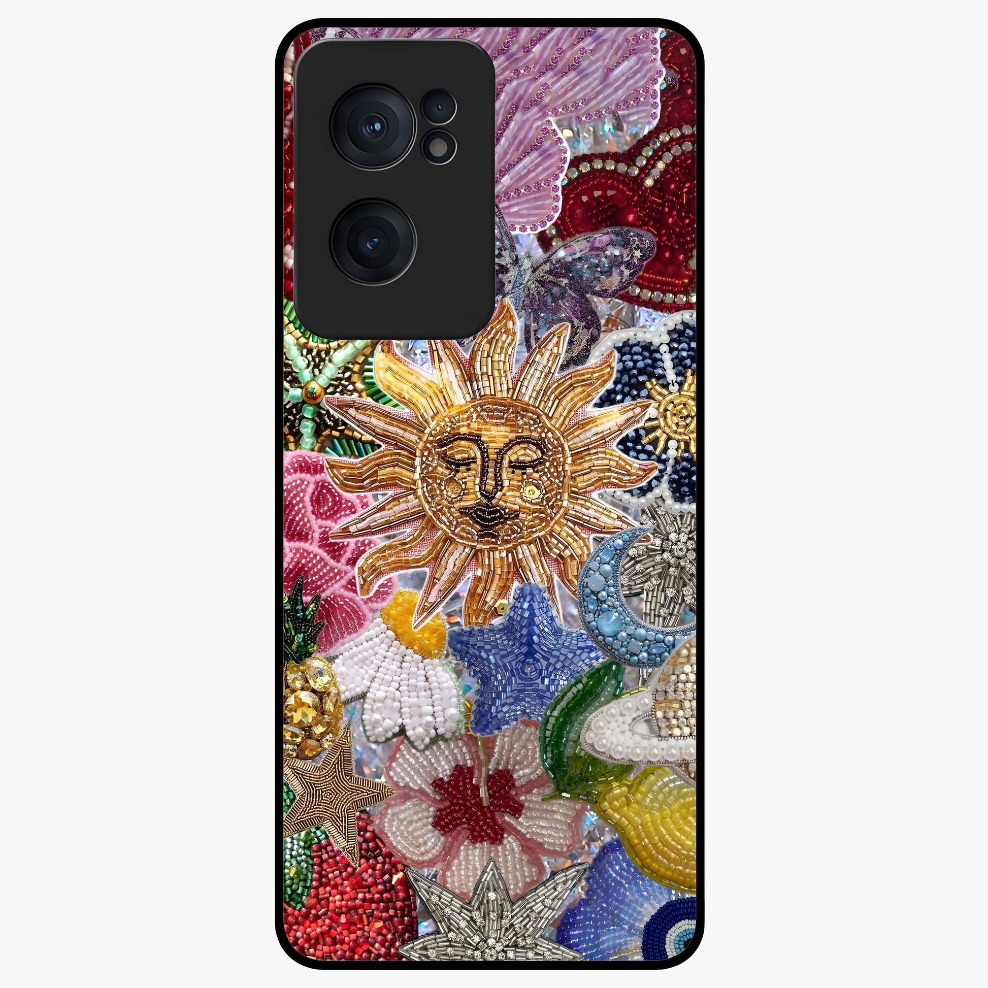 Celestial Floral and Playful Glass Case for 1+Nord CE 2  vibrant front view featuring floral artwork blended with cosmic elements