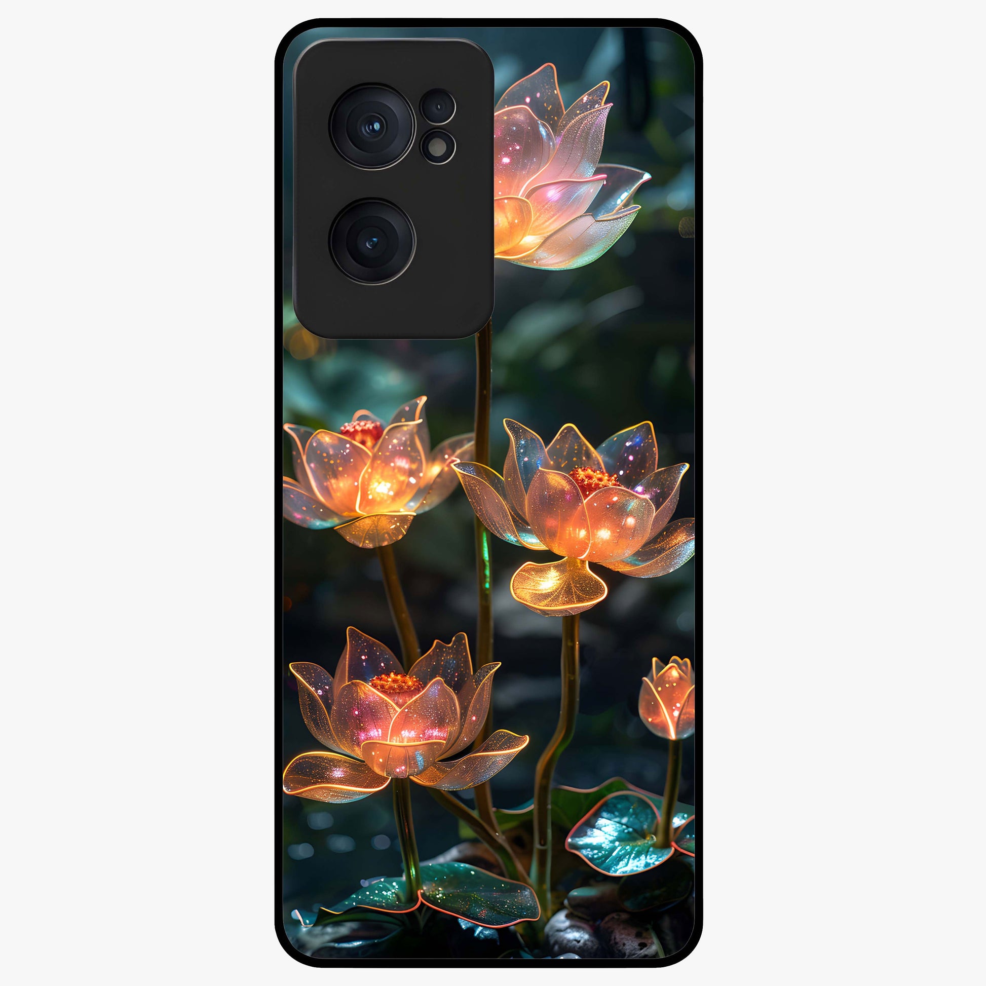 Celestial Lotus Light Glass Case for 1+Nord CE 2  peaceful front view featuring glowing lotus artwork with cosmic backdrop