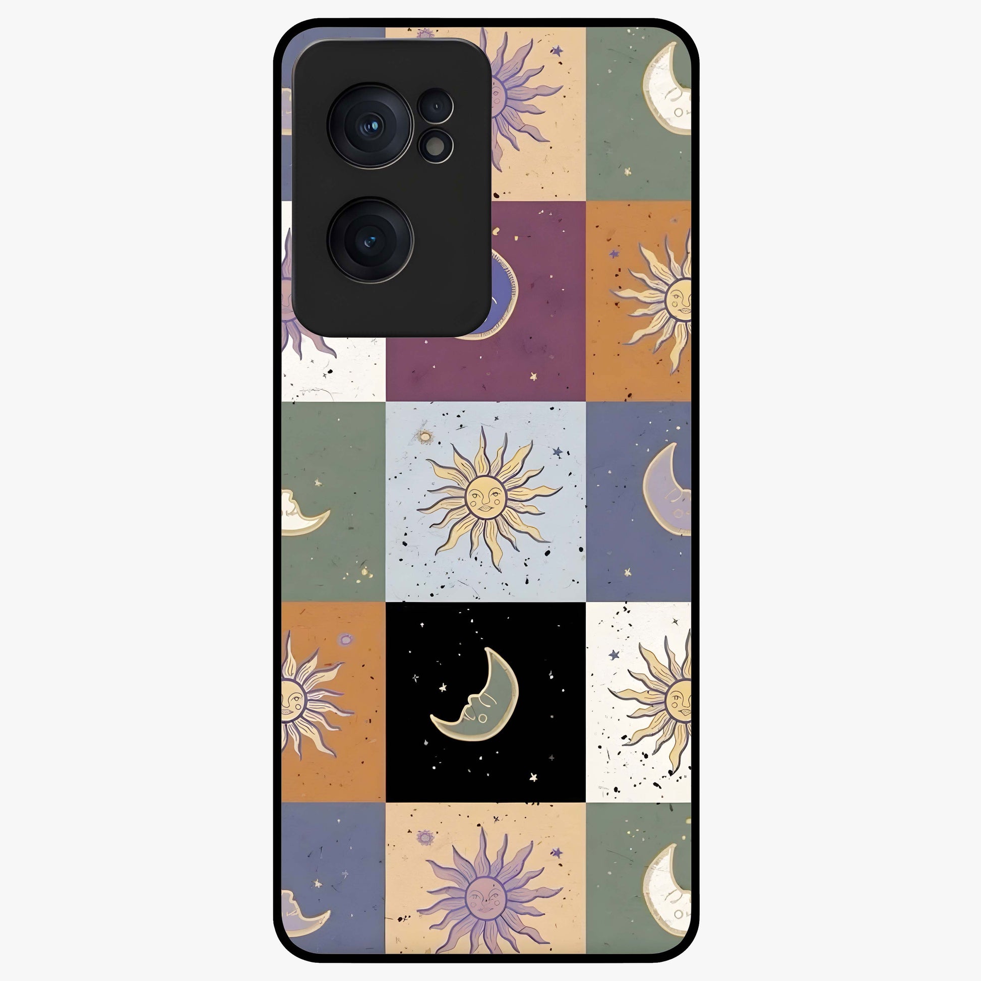 Celestial Patchwork Dreams Glass Case for 1+Nord CE 2  dreamy front view featuring patchwork style cosmic artwork