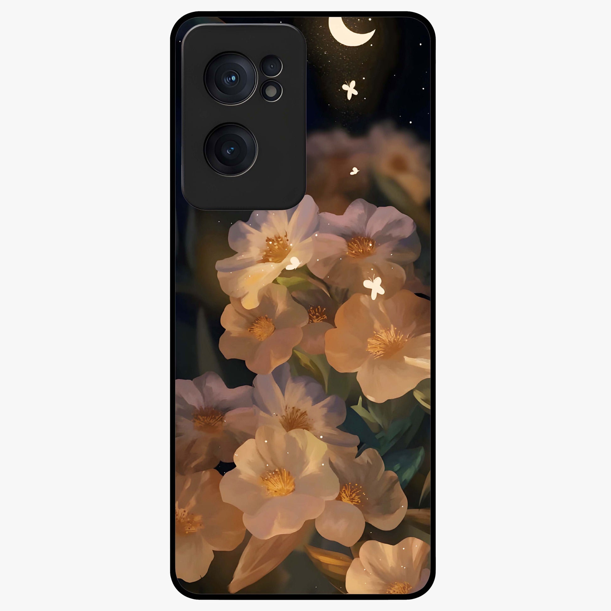 Celestial Petal Night Glass Case for 1+Nord CE 2  elegant front view featuring floral petals against dark night sky tones