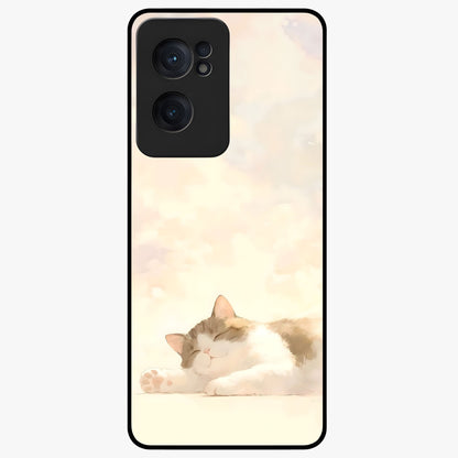 Cloud Nap Cat Glass Case for 1+Nord CE 2  adorable front view featuring cute sleeping cat artwork on soft cloud background