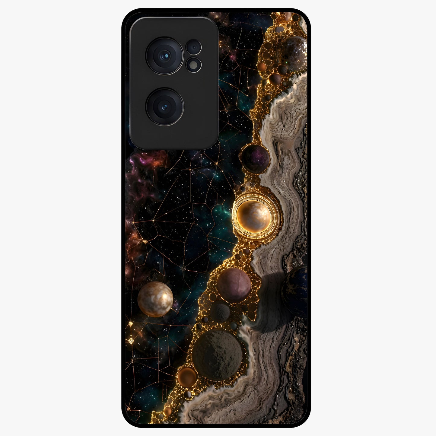 Cosmic Gold Path Glass Case for 1+Nord CE 2  luxurious front view featuring golden pathway artwork against cosmic backdrop
