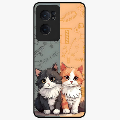 Cozy Cat Duo Glass Case for 1+Nord CE 2  adorable front view featuring two cats in warm aesthetic artwork