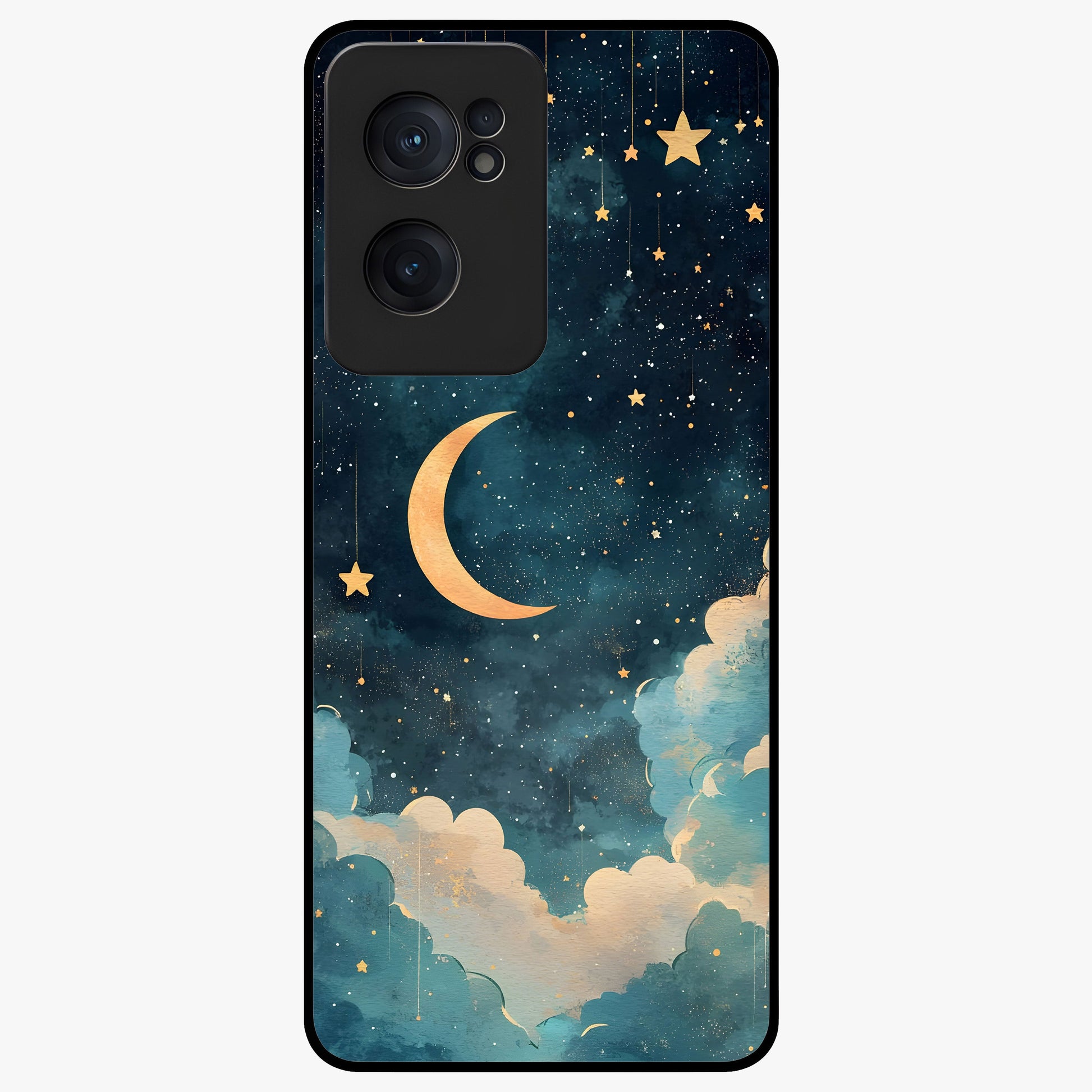 Crescent Galaxy Moon Glass Case for 1+Nord CE 2  mystical front view featuring crescent moon artwork with cosmic background