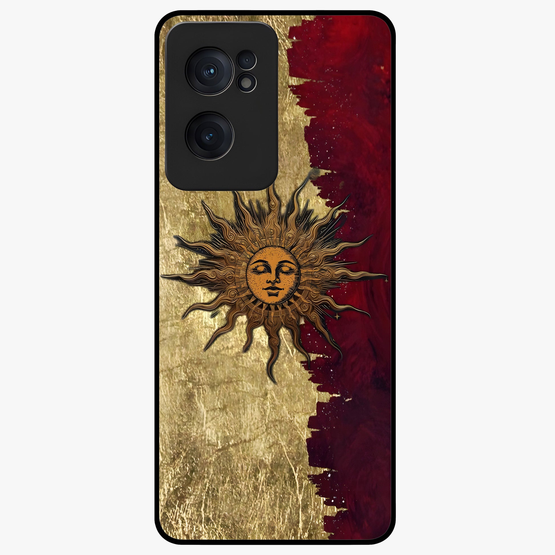 Crimson Sun Majesty Glass Case for 1+Nord CE 2  radiant front view featuring glowing sun artwork in deep red hues