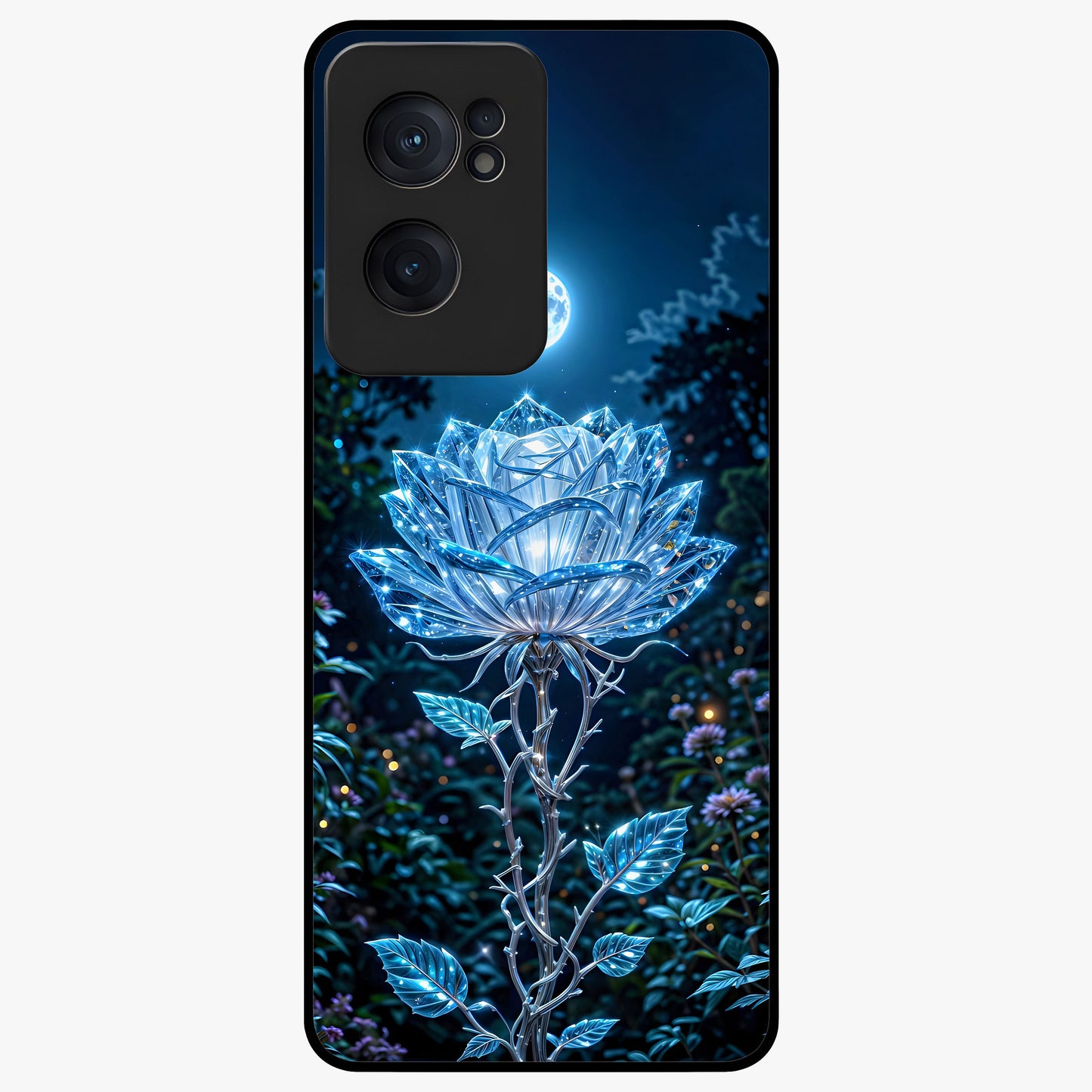 Crystal Moon Lotus Glass Case for 1+Nord CE 2  serene front view featuring glowing lotus artwork under crystal moonlight