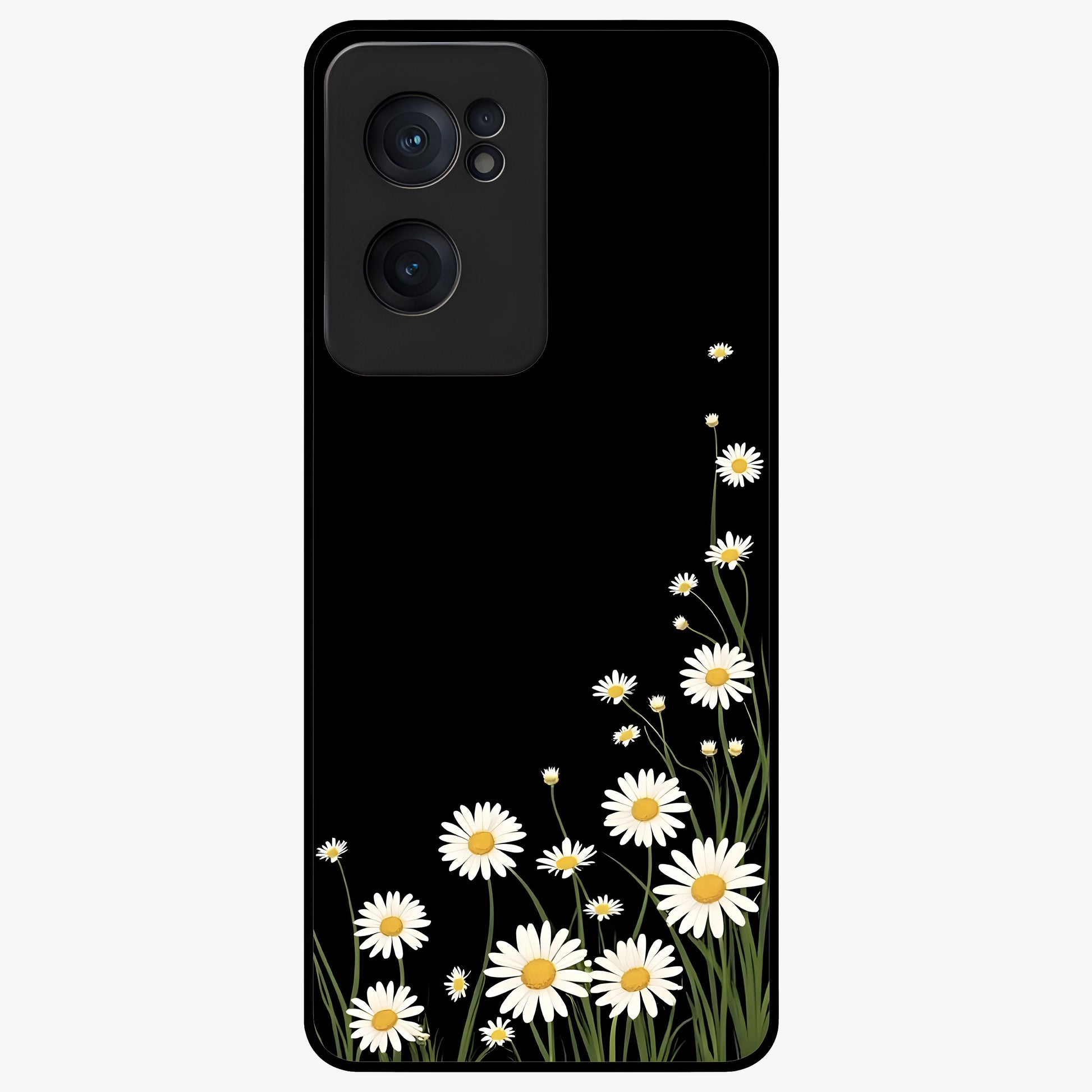 Daisy Cascade on Black Glass Case for 1+Nord CE 2  elegant front view featuring white daisy artwork on deep black background