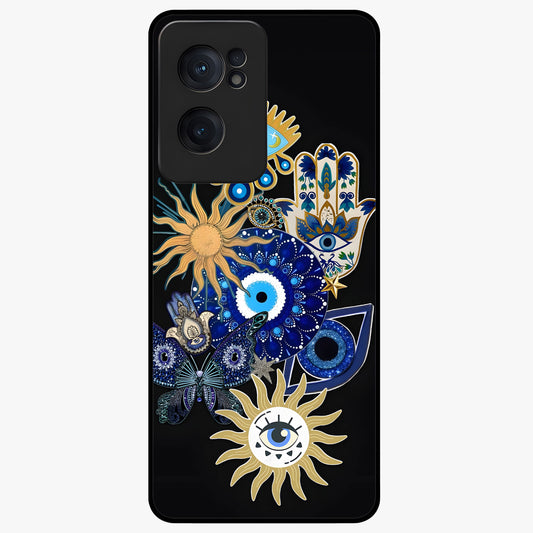 Evil Eye Charm Vibes Glass Case for 1+Nord Ce 2  stylish front view featuring aesthetic evil eye inspired artwork