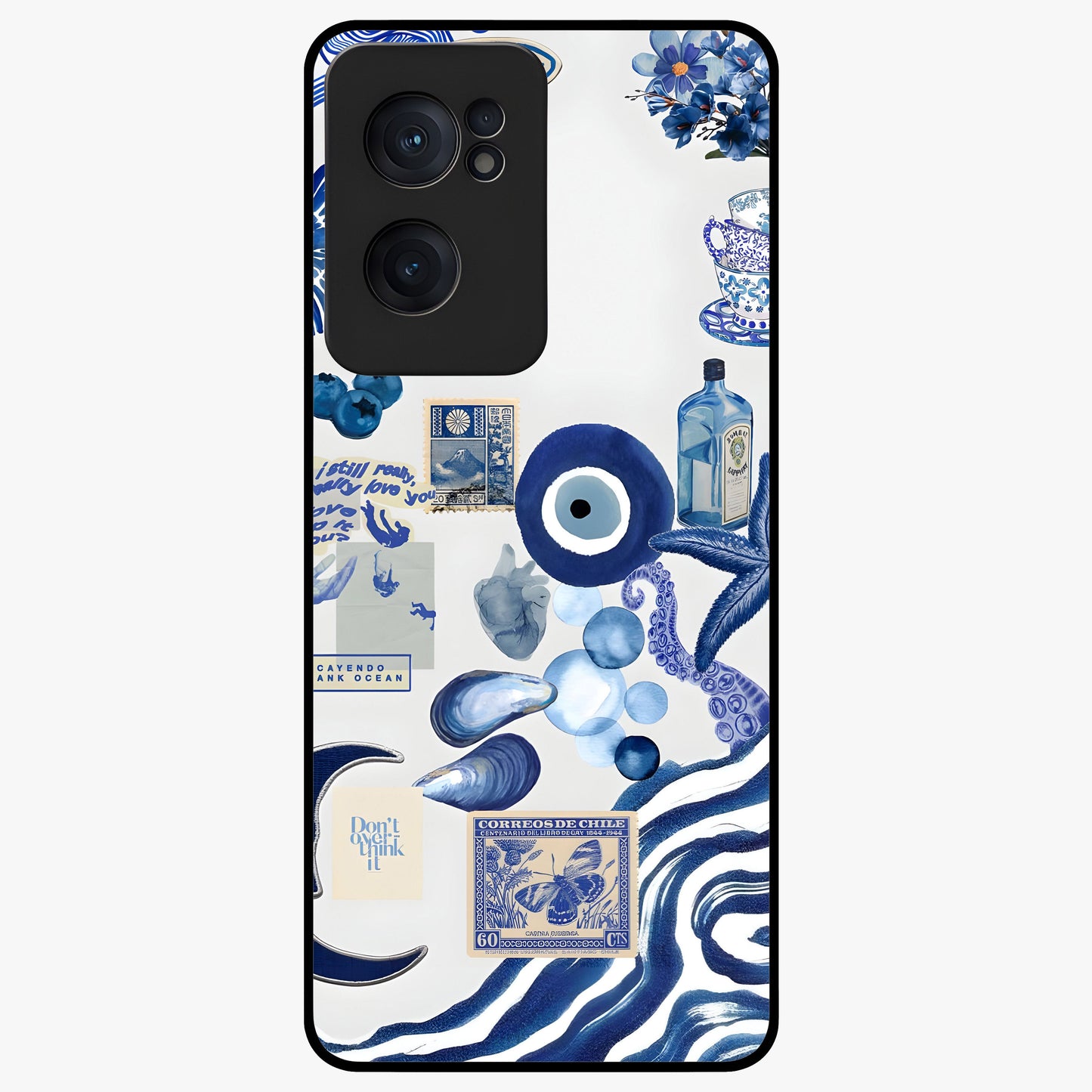 Evil Eye With Blue Themed Collage Glass Case for 1+Nord Ce 2  artistic front view featuring blue collage style evil eye artwork