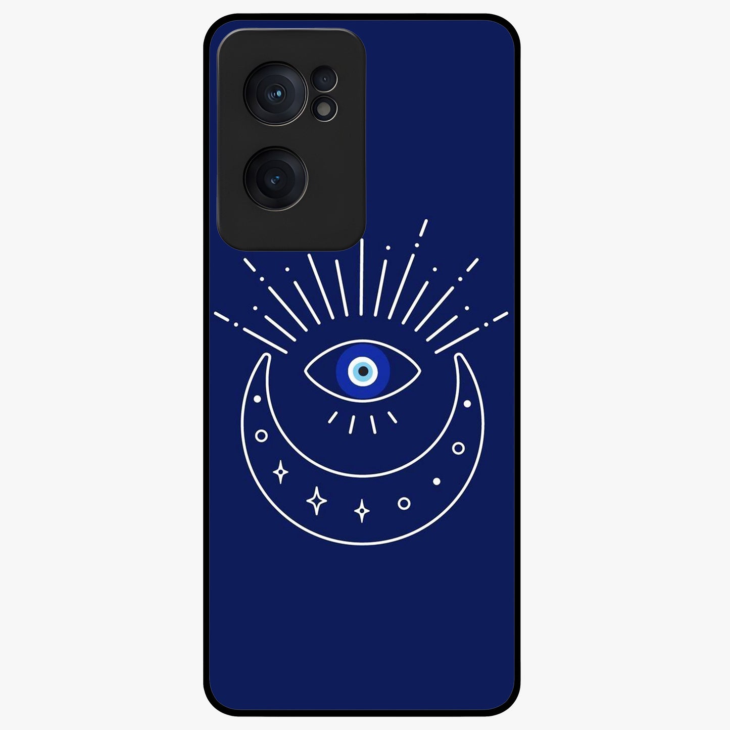 Evil Eyes Dark Blue Glass Case for 1+Nord Ce 2  striking front view featuring deep blue evil eye artwork