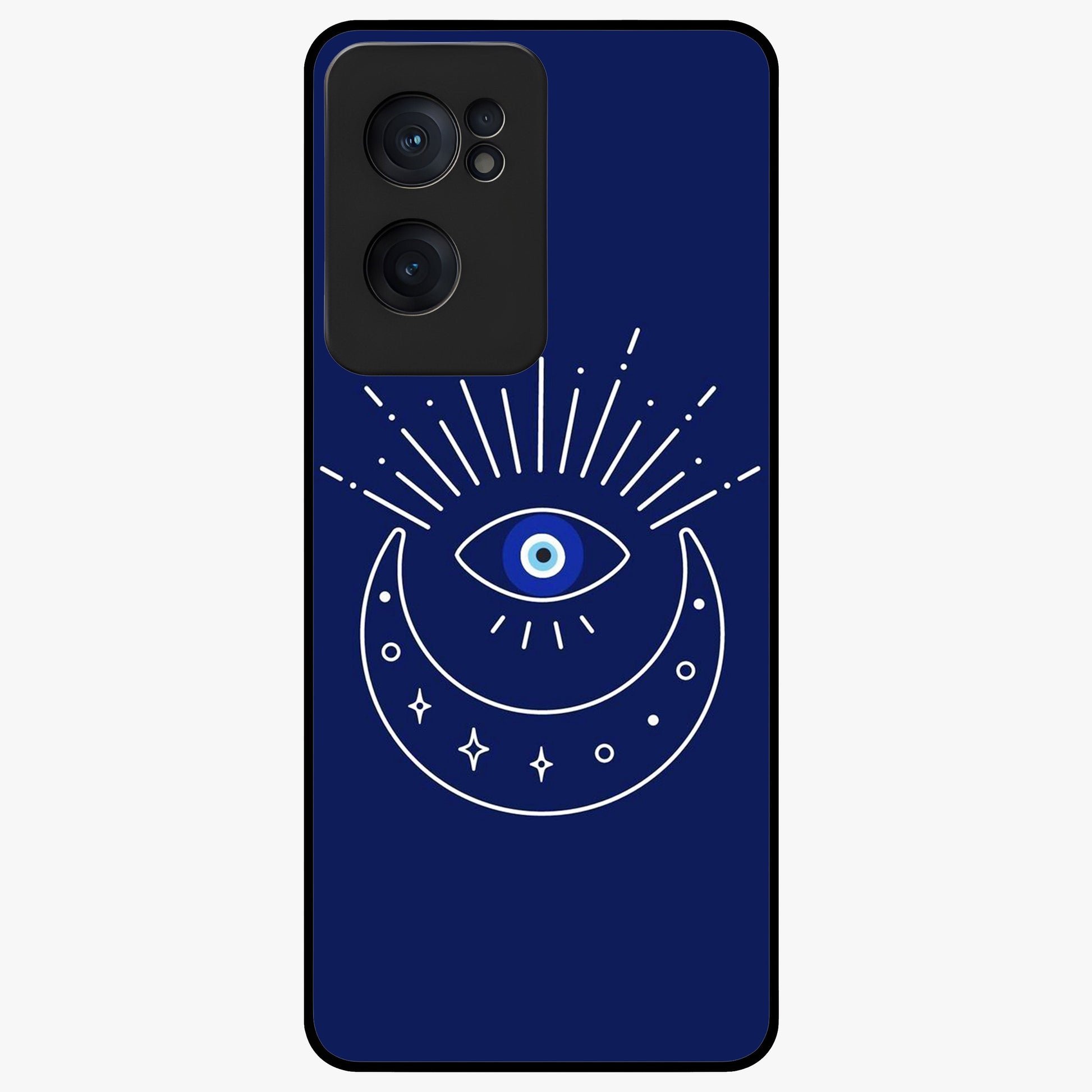 Evil Eyes Dark Blue Glass Case for 1+Nord Ce 2  striking front view featuring deep blue evil eye artwork