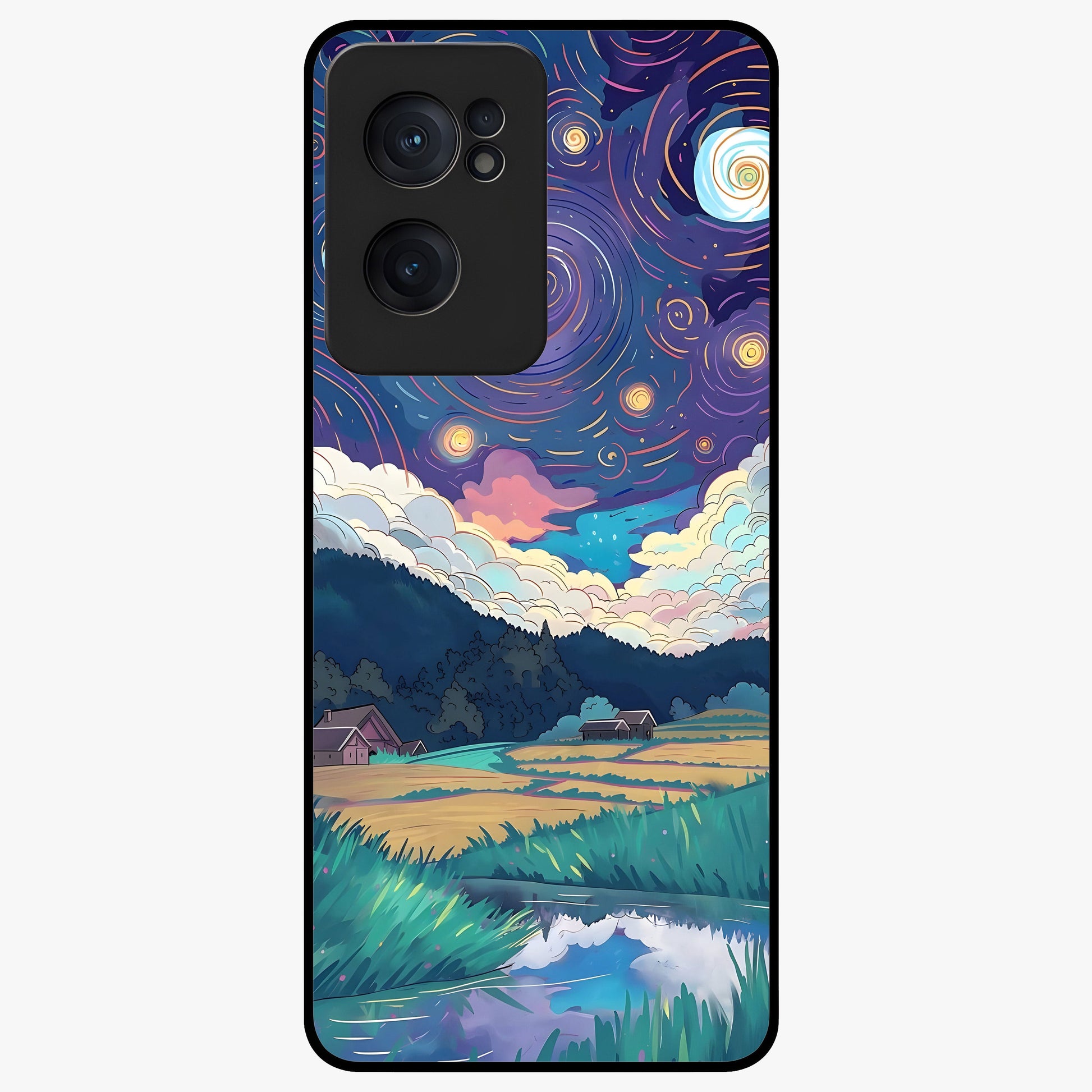 Fields Beneath the Cosmos Glass Case for 1+Nord CE 2  dreamy front view featuring meadow landscape under cosmic sky