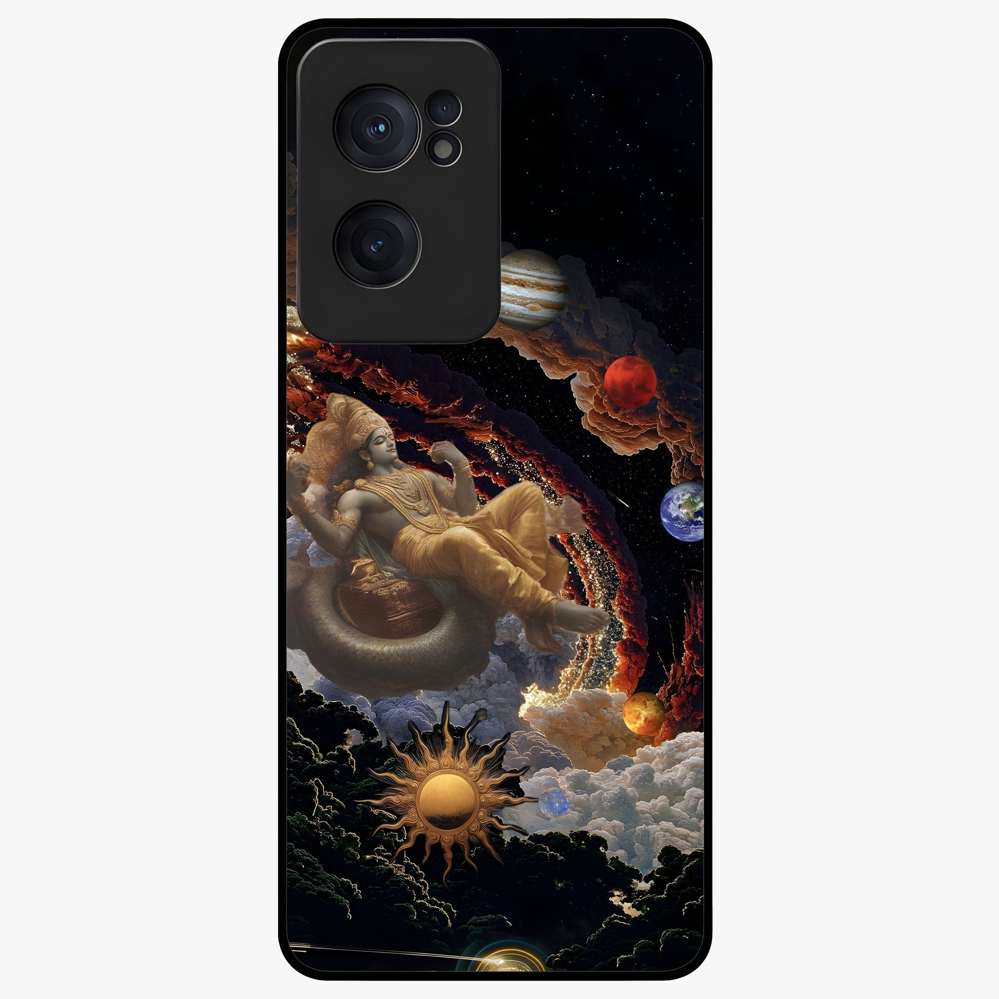 Galactic Divine God Glass Case for 1+Nord CE 2  powerful front view featuring divine artwork blended with cosmic background