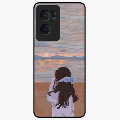 Girl Facing Sunset Beach Glass Case for 1+Nord CE 2  scenic front view featuring silhouette artwork against glowing sunset sky