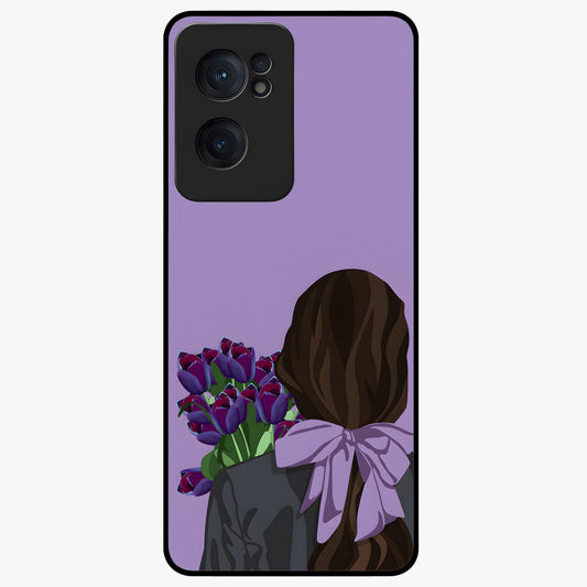 Girl Holding Flowers Glass Case for 1+Nord Ce 2  aesthetic front view featuring soft illustrated character with floral bouquet