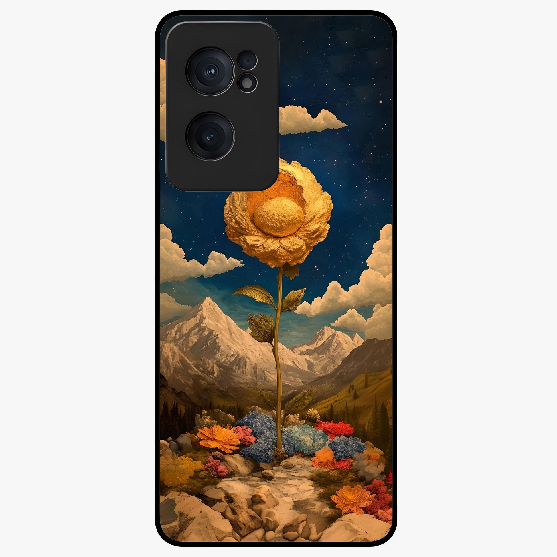 Golden Bloom Night Glass Case for 1+Nord CE 2  elegant front view featuring glowing golden floral artwork on dark background