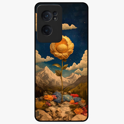 Golden Bloom Night Glass Case for 1+Nord CE 2  elegant front view featuring glowing golden floral artwork on dark background
