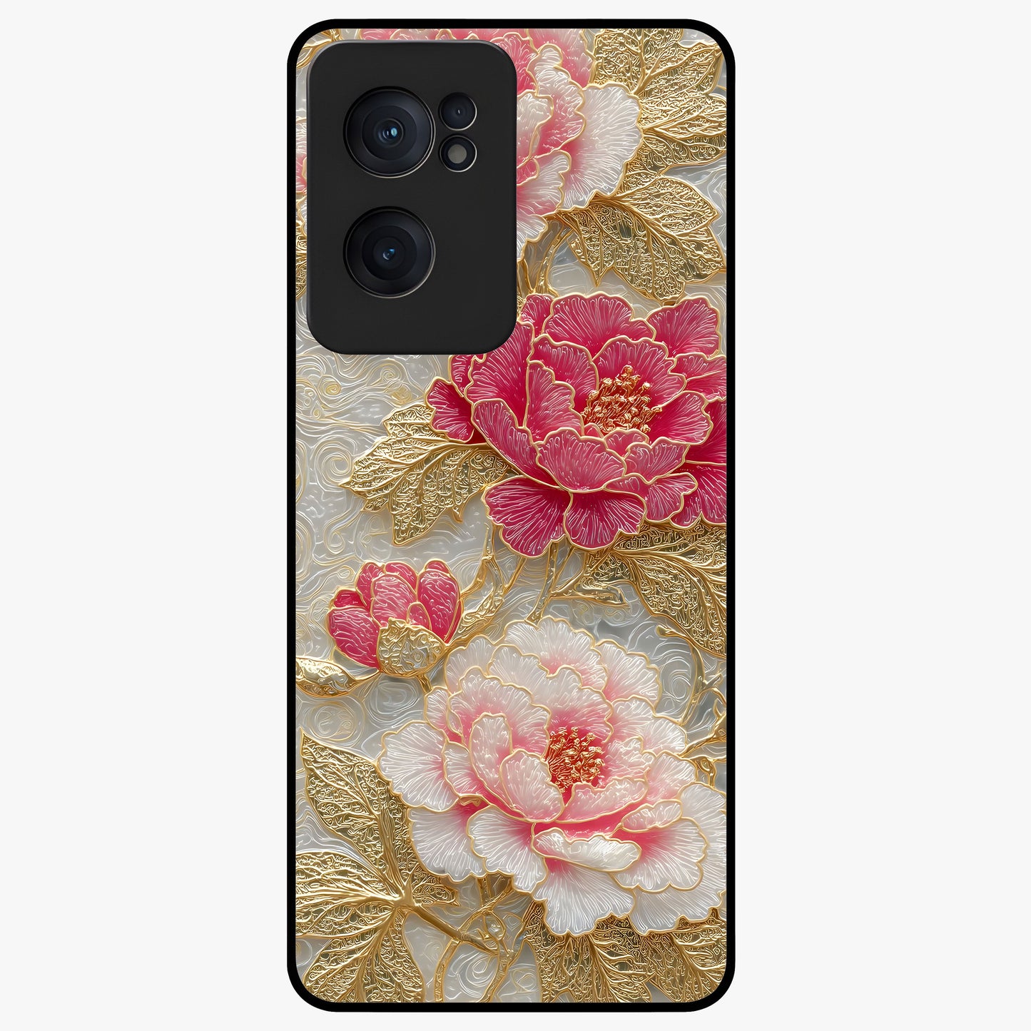 Golden Blossom Elegance Glass Case for 1+Nord CE 2  graceful front view featuring refined golden floral artwork