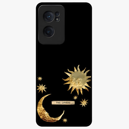 Golden Celestial Charm Glass Case for 1+Nord CE 2  radiant front view featuring celestial artwork with golden accents