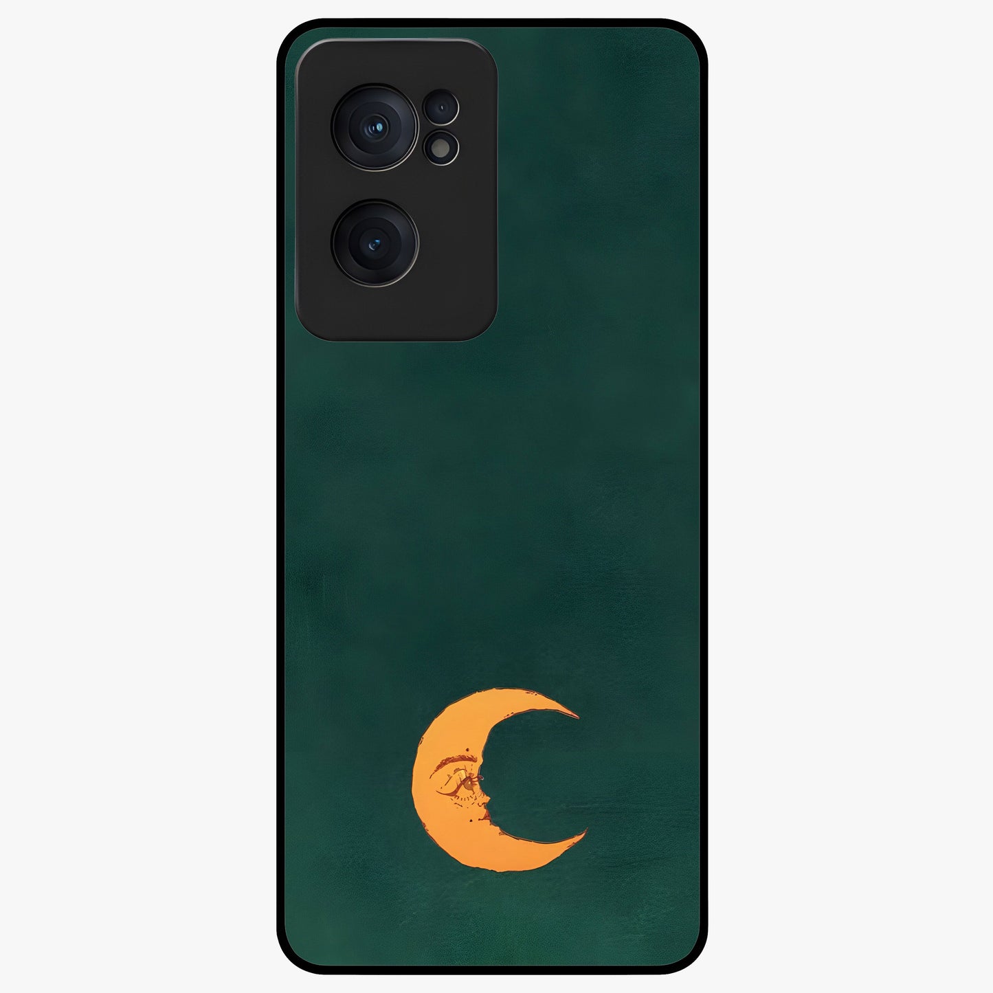 Golden Crescent Mood Glass Case for 1+Nord CE 2  artistic front view featuring crescent moon artwork in warm golden tones