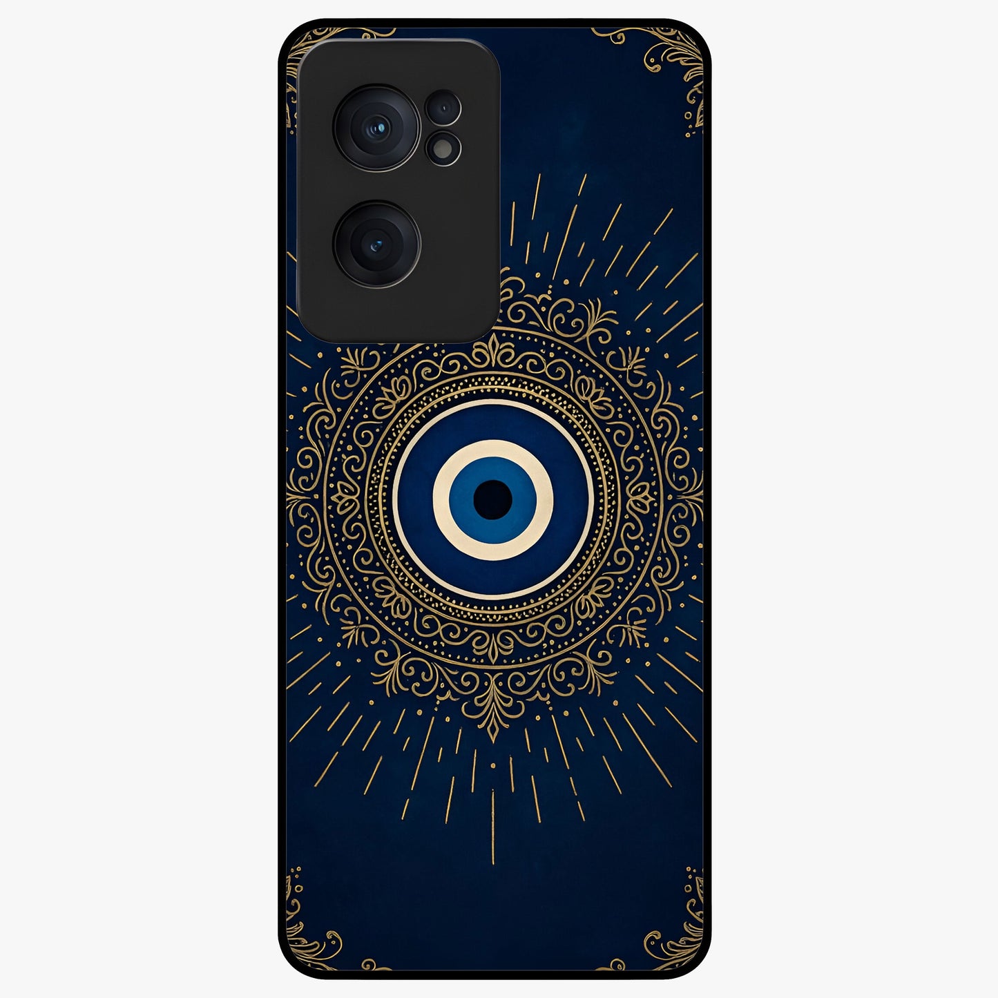 Golden Evil Eye Mandala Glass Case for 1+Nord Ce 2  bold front view featuring intricate mandala artwork with golden evil eye