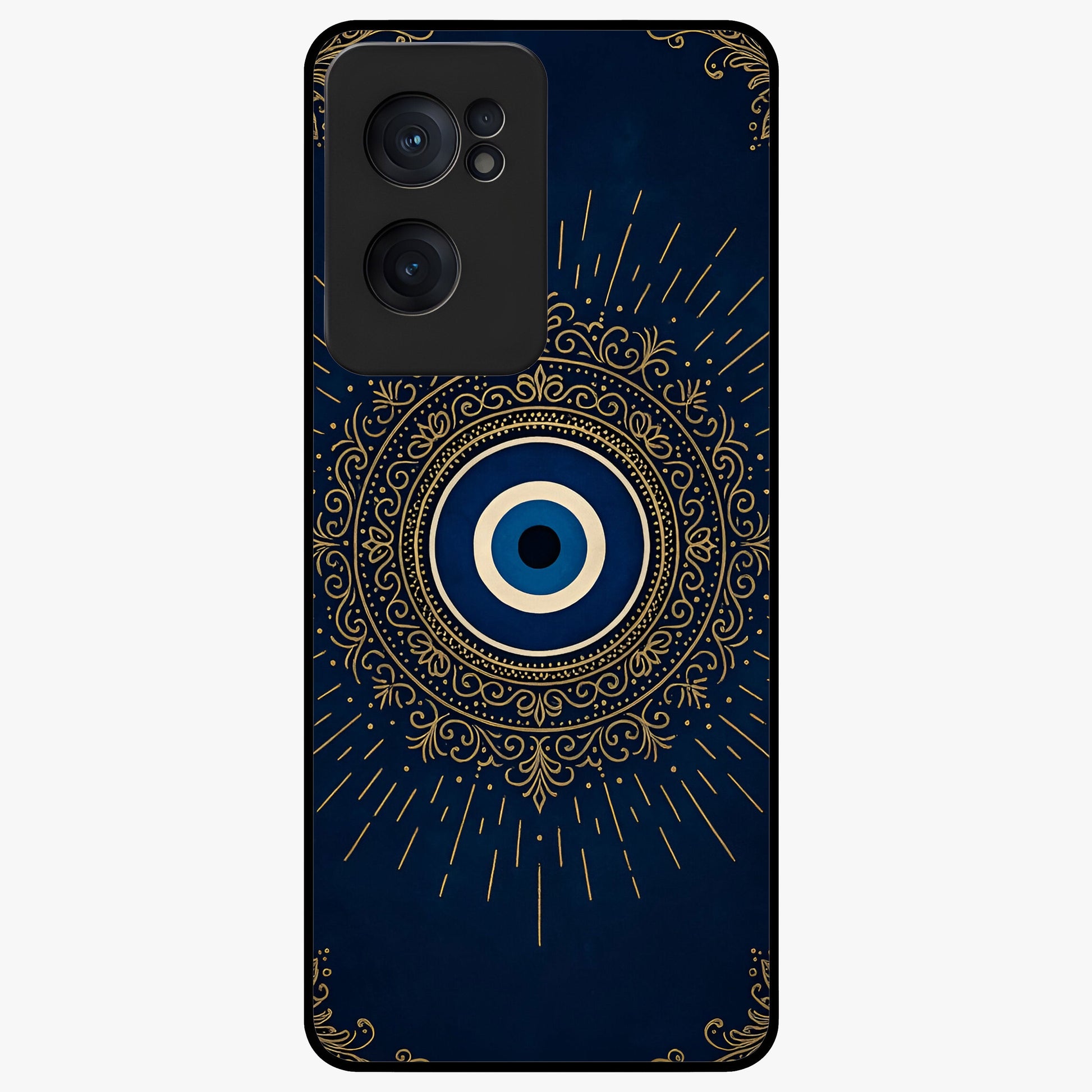 Golden Evil Eye Mandala Glass Case for 1+Nord Ce 2  bold front view featuring intricate mandala artwork with golden evil eye