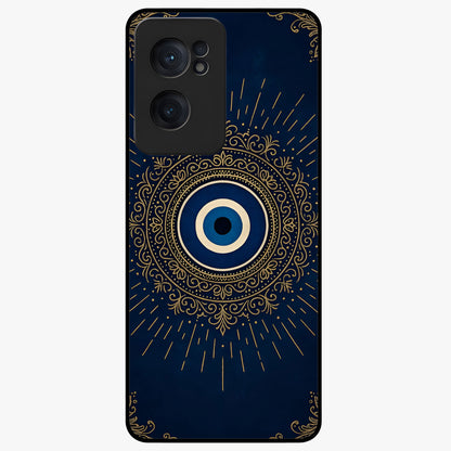 Golden Evil Eye Mandala Glass Case for 1+Nord Ce 2  bold front view featuring intricate mandala artwork with golden evil eye