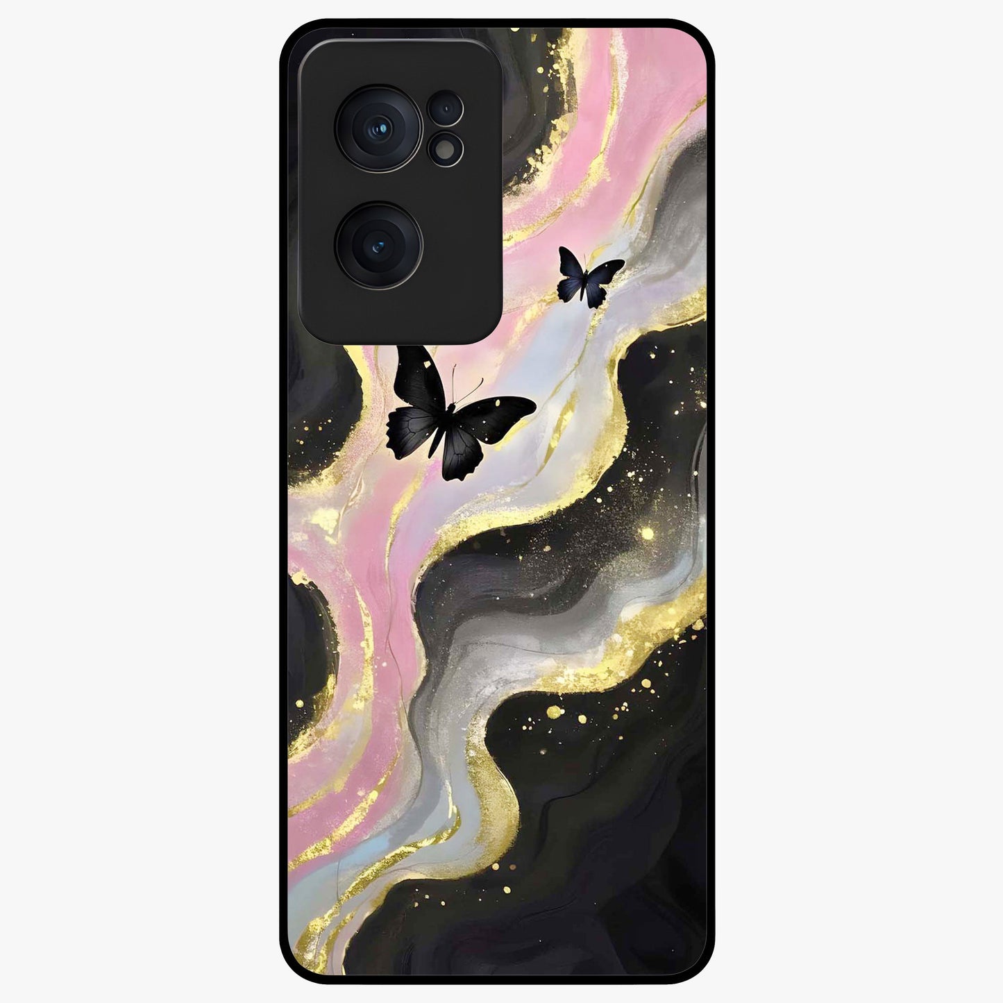 Golden Mist Butterflies Glass Case for 1+Nord CE 2  elegant front view featuring soft golden butterfly artwork with misty tones