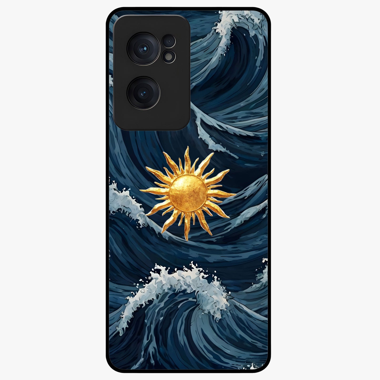 Golden Wave Rise Glass Case for 1+Nord CE 2  dynamic front view featuring flowing wave artwork in golden tones