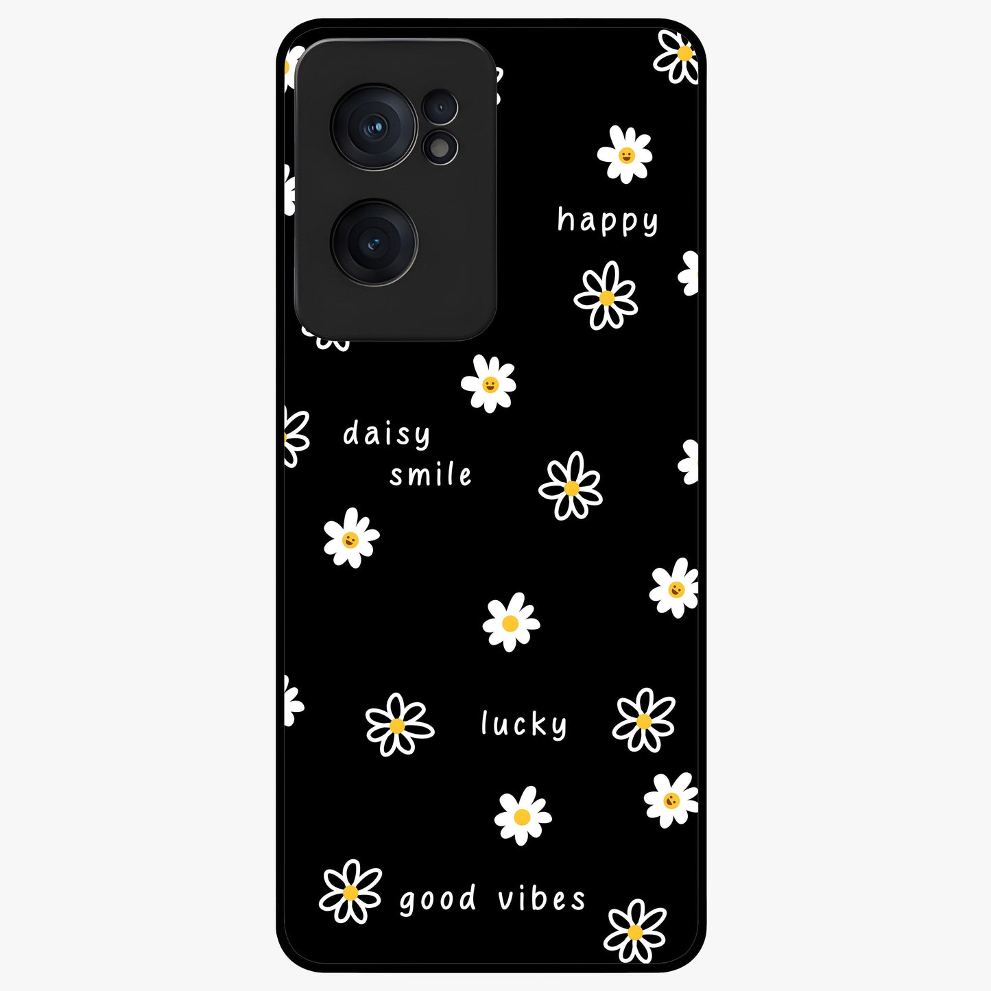 Good Vibes Daisy Black Pattern Glass Case for 1+Nord CE 2  stylish front view featuring white daisy artwork on black background