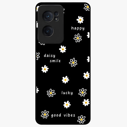 Good Vibes Daisy Black Pattern Glass Case for 1+Nord CE 2  stylish front view featuring white daisy artwork on black background