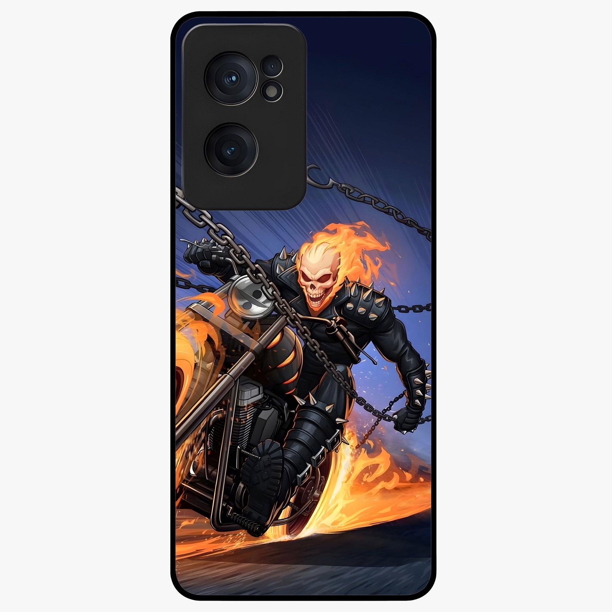 Inferno Chain Rider Glass Case for 1+Nord CE 2  showing full back design in clean flat view with fiery chain rider artwork and glossy glass finish.