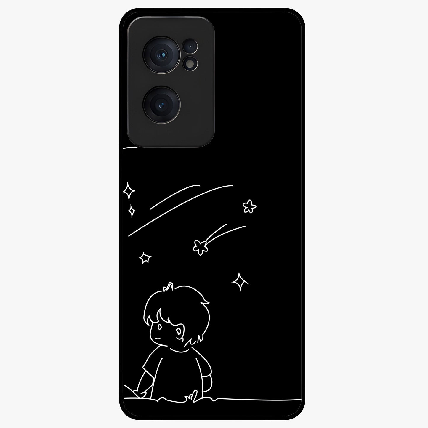 Line Art Boy With Shooting Stars Glass Case for 1+Nord CE 2  artistic front view featuring minimal line art character with star accents