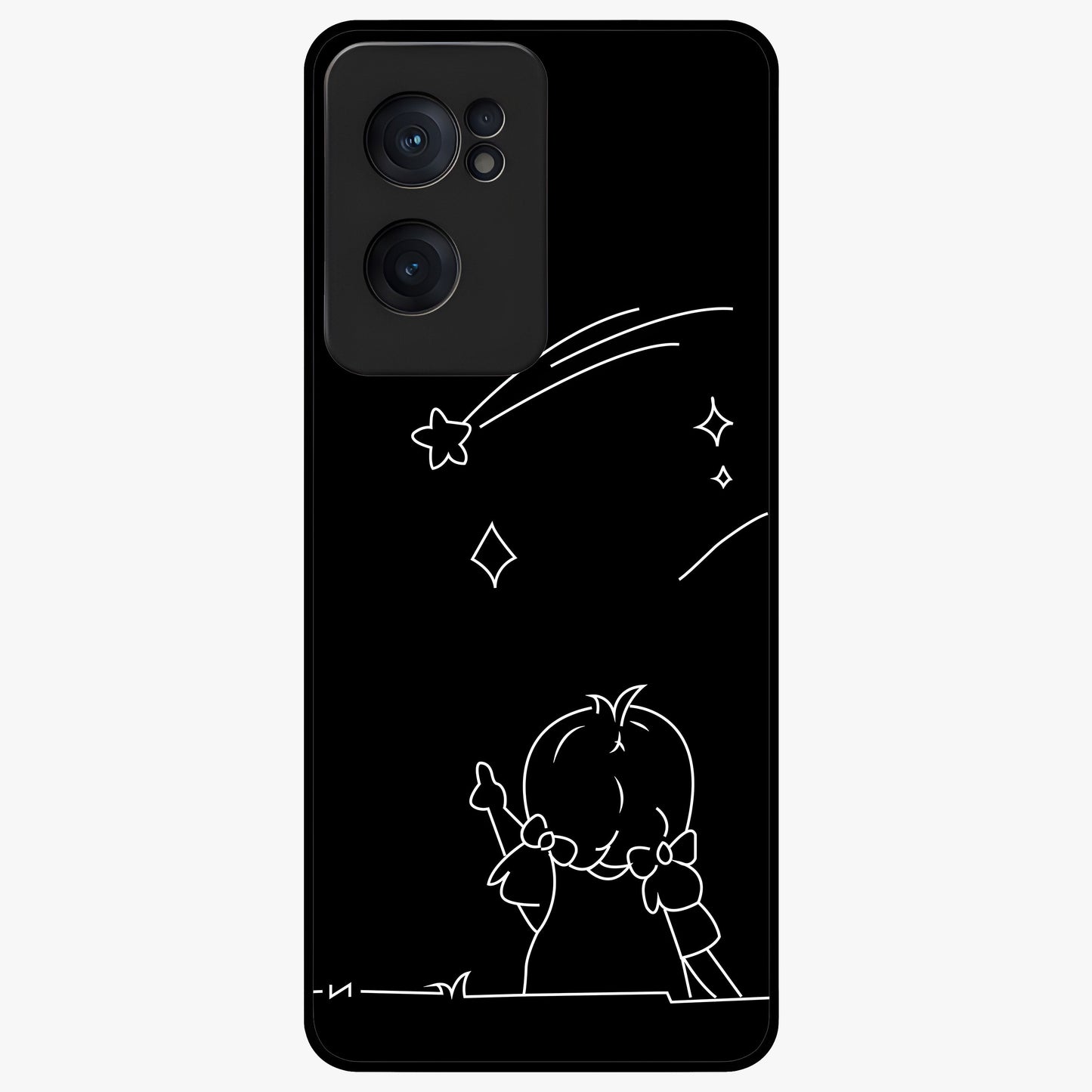 Line Art Girl With Shooting Stars Glass Case for 1+Nord Ce 2  elegant front view featuring minimal line art character with shooting stars