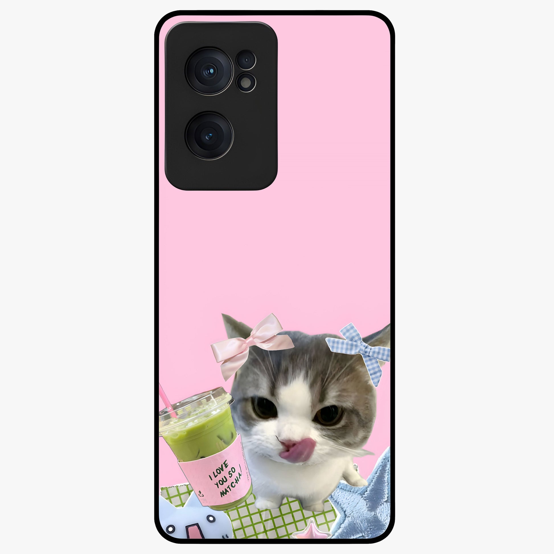 Love Matcha Cat Glass Case for 1+Nord CE 2  adorable front view featuring cute cat artwork with matcha theme