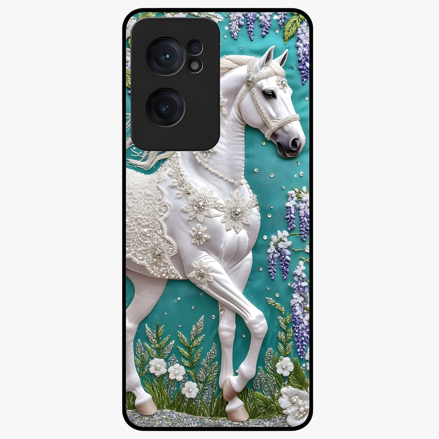 Majestic Floral Stallion Glass Case for 1+Nord CE 2  powerful front view featuring horse artwork blended with floral detailing