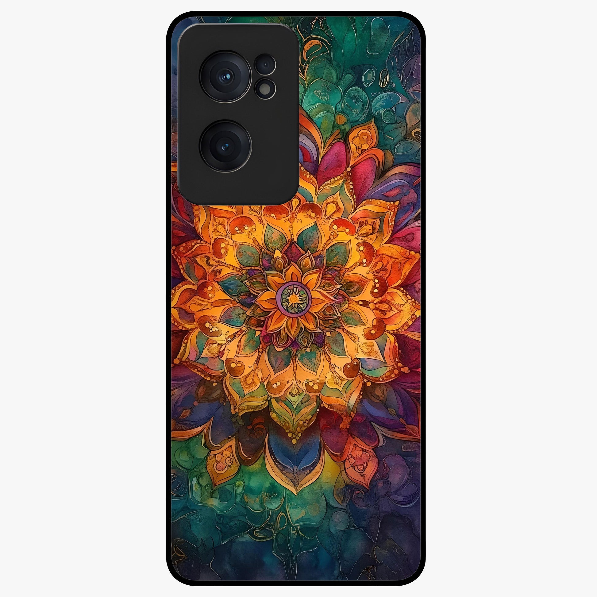 Mandala Vibrants Glass Case for 1+Nord CE 2  artistic front view featuring colorful mandala pattern artwork