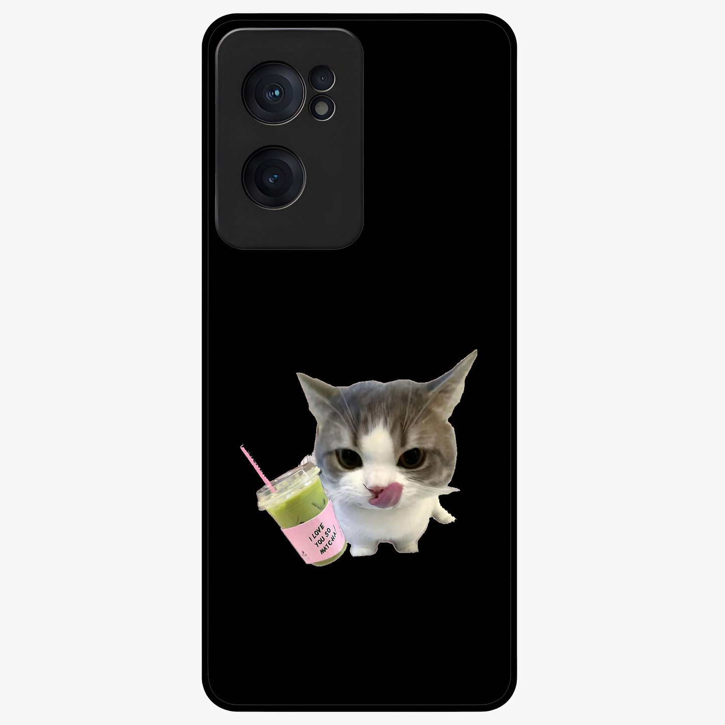 Matcha Cat Style Glass Case for 1+Nord CE 2  adorable front view featuring cute cat artwork in matcha green tones