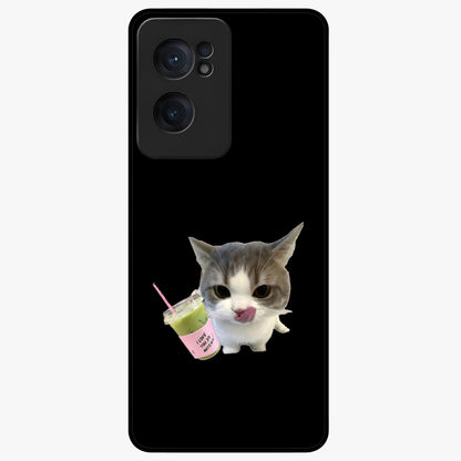 Matcha Cat Style Glass Case for 1+Nord CE 2  adorable front view featuring cute cat artwork in matcha green tones