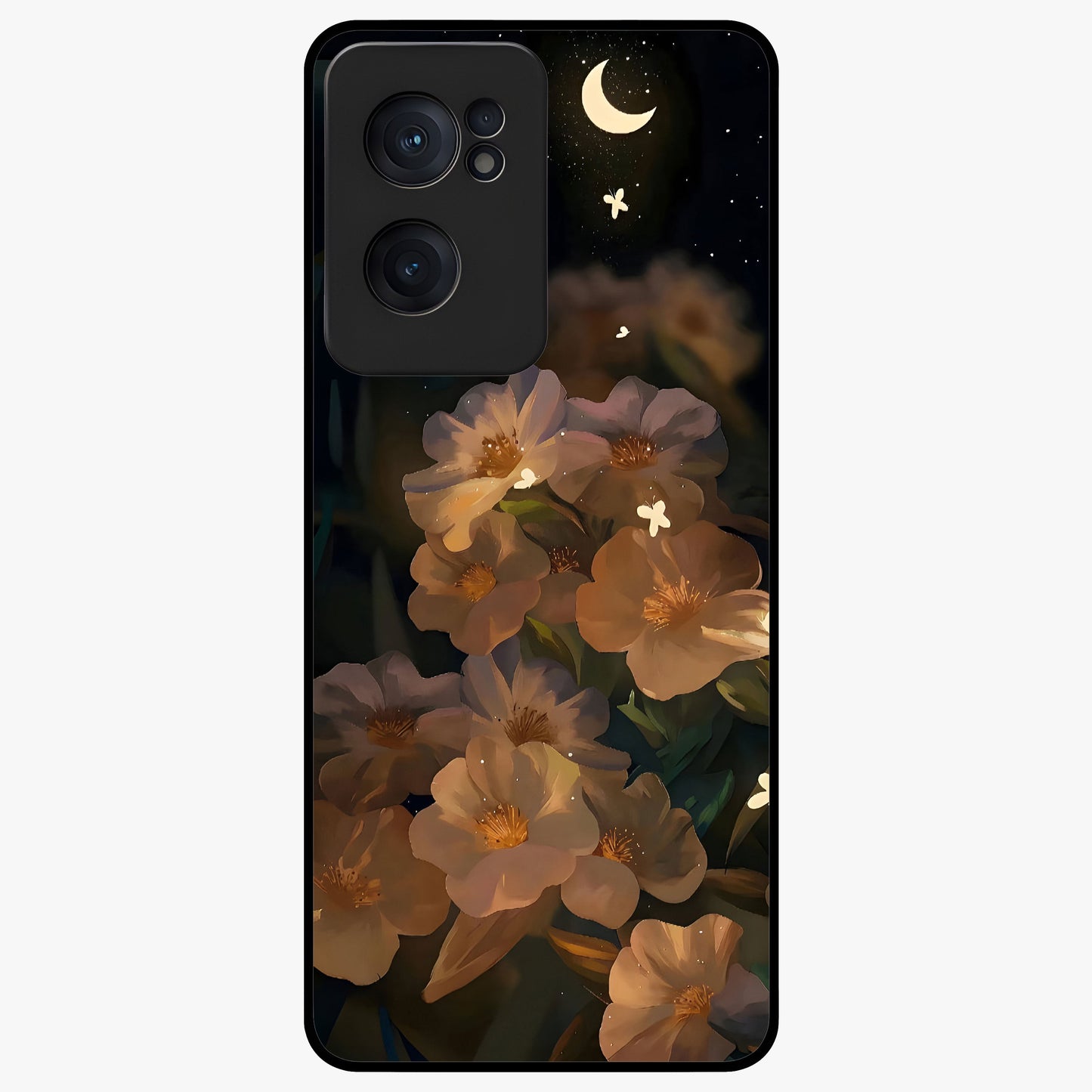 Midnight Bloom Trail Glass Case for 1+Nord CE 2  artistic front view featuring flowing floral trail artwork in dark tones