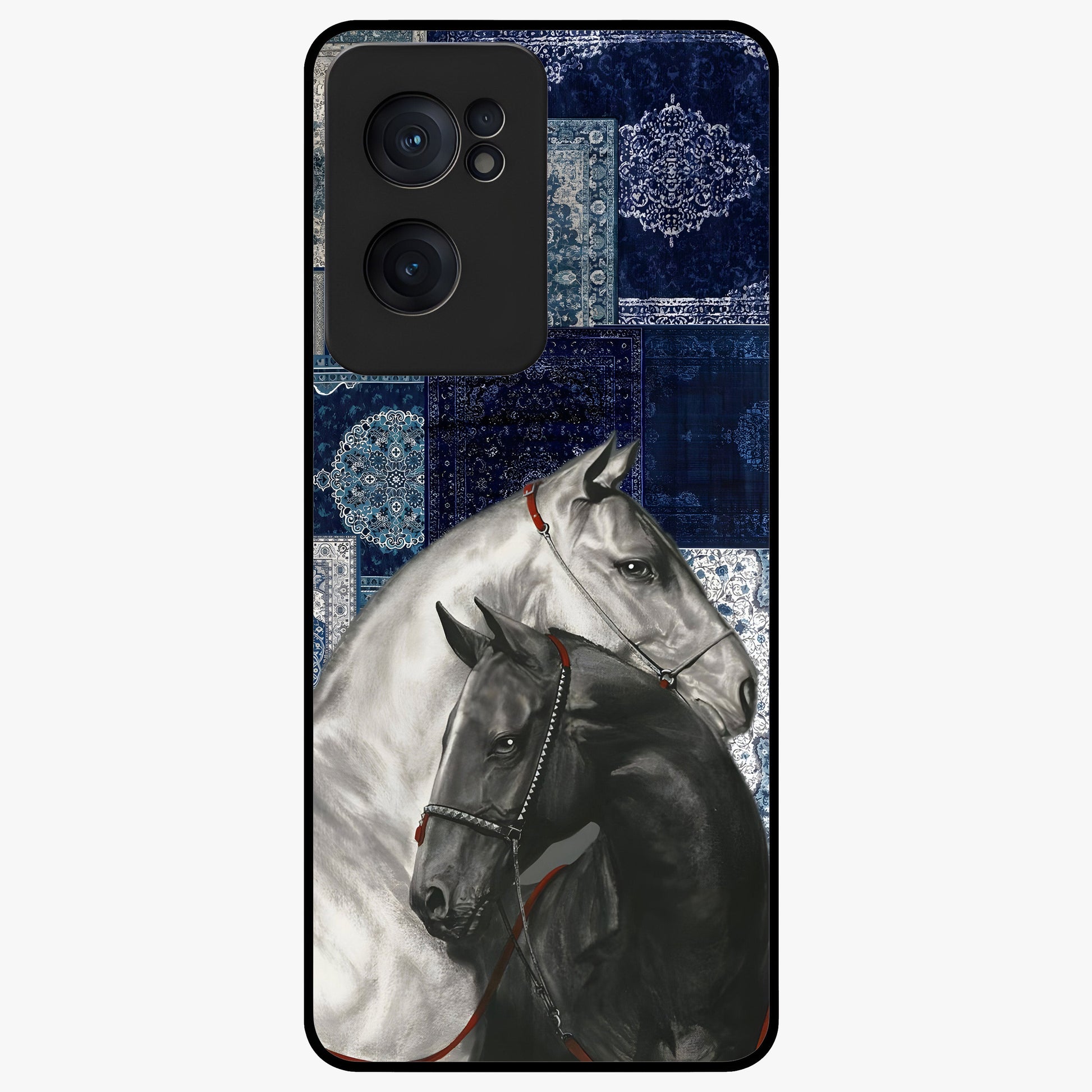 Midnight Stallion Blues Glass Case for 1+Nord CE 2  powerful front view featuring horse artwork in deep blue night tones