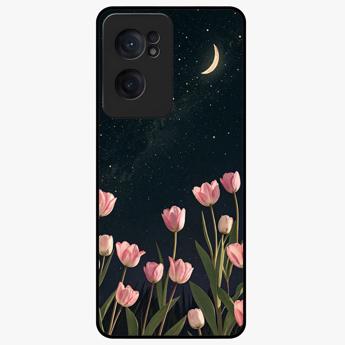 Midnight Tulip Whispers Vibe Glass Case for 1+Nord Ce 2  elegant front view featuring tulip floral artwork on dark background