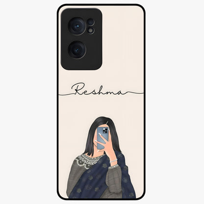 Mirror Mood Muse With Custom Name Glass Case for 1+Nord Ce 2  stylish front view featuring aesthetic artwork with personalized name detail