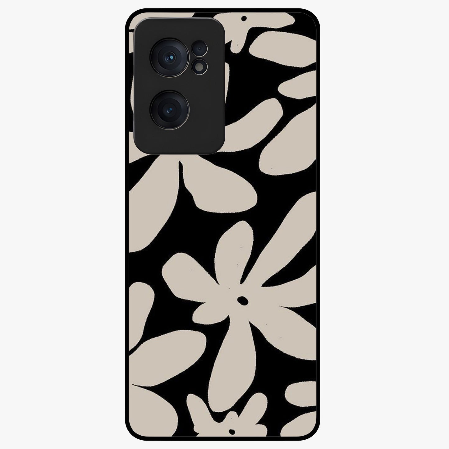 Monochrome Petal Dance Glass Case for 1+Nord Ce 2  artistic front view featuring black and white floral artwork