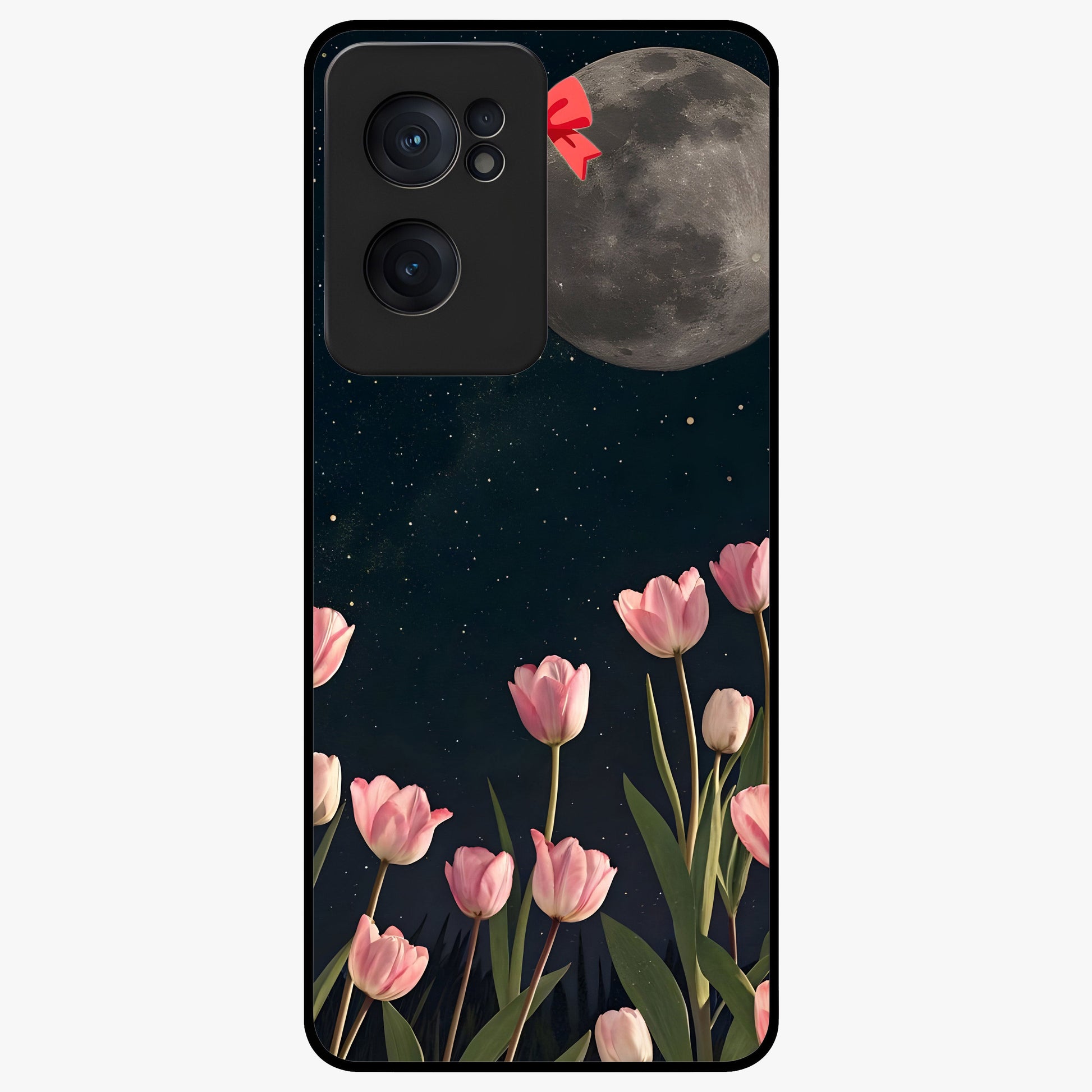 Moonlit Night Tulip Glass Case for 1+Nord CE 2  serene front view featuring tulip floral artwork in midnight tones