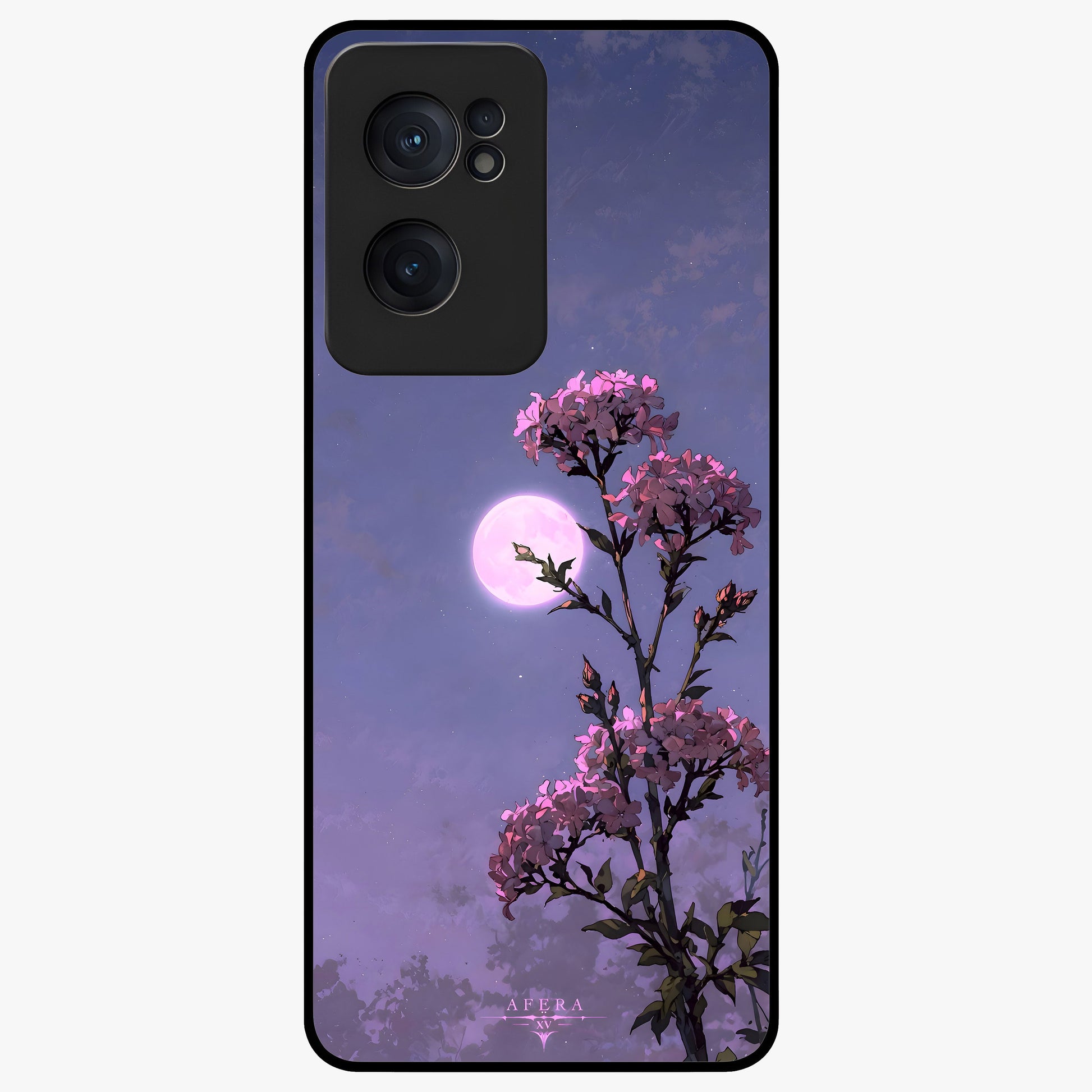 Moonlit Petal Night Glass Case for 1+Nord Ce 2  elegant front view featuring floral artwork glowing in night tones